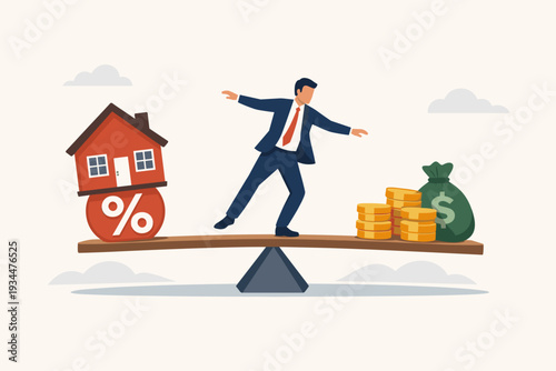 Businessman balancing on seesaw between house with percentage sign and money bag with coins. Concept of mortgage loan interest rates, debt management, financial stability, and property investment.