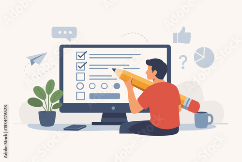 Man Filling Out Online Survey or Questionnaire on Computer Screen with Giant Pencil, Customer Feedback, Digital Checklist, Internet Exam, User Experience Research, and Data Collection Concept