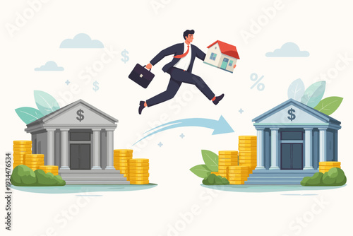 Mortgage Refinancing Concept with Businessman Jumping Between Banks Carrying House Model, Switching to New Financial Institution for Better Interest Rates, Lower Debt, and Loan Restructuring.