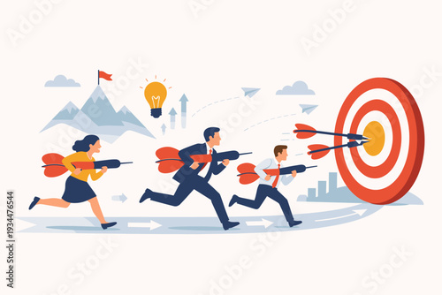 Business team running towards a target with giant darts, representing company mission, goal achievement, project objective, and motivation to reach success in a flat vector illustration style.