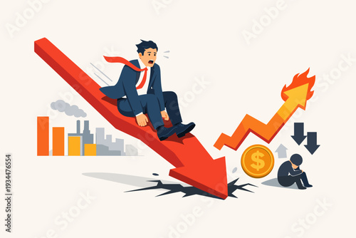 Economic stagflation concept with businessman sliding down a red arrow during recession while inflation rises with a burning arrow, financial crisis, market crash, and decreasing GDP growth.