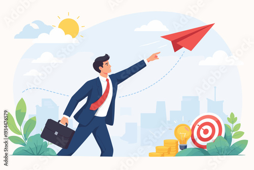 Businessman in Professional Suit Launching a Red Paper Plane Towards Success, Entrepreneur Starting a New Business Venture or Project, Career Growth, Ambition, Idea Lightbulb and Target Icons.