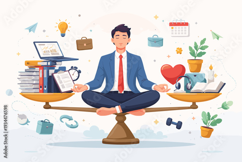 Businessman Meditating on a Scale for Work Life Balance. Concept of Stress Management, Mental Health, and Professional Harmony with Office Supplies and Lifestyle Icons Vector Illustration.
