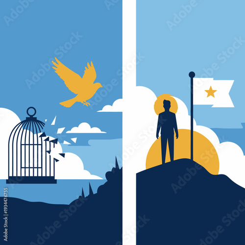 Freedom and success concept: bird flying from broken cage, man on mountain peak with flag