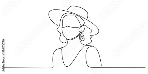 Elegant minimalist one line art woman in a sun hat
