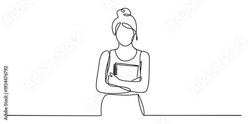 Minimalist continuous line drawing of a woman holding a notebook