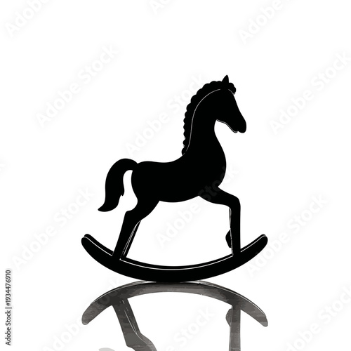 Silhouette of a rocking horse toy against a white background with reflection.