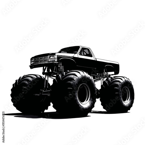 Black and white illustration of a monster truck with large tires and suspension.