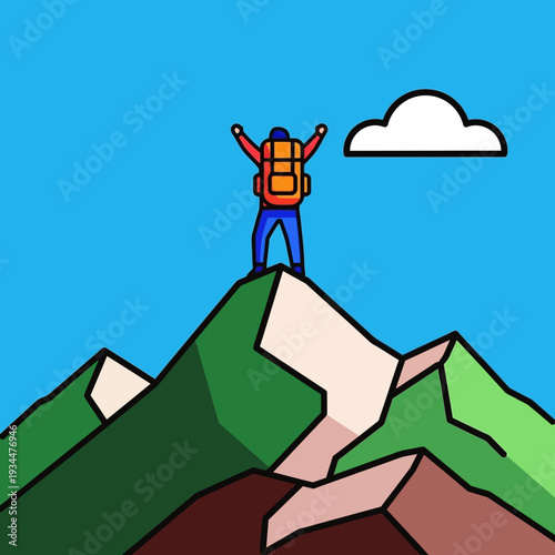 Hiker celebrates on mountain peak with arms raised, achieving success and victory.
