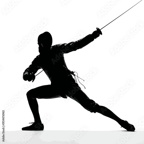 Silhouette of a male fencer in action, poised with his épée, ready to compete.