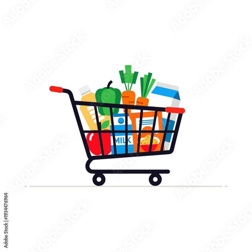 Grocery Shopping Cart Full of Fresh Food and Drinks