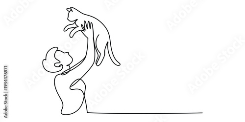 Minimalist one line drawing of a person holding a cat