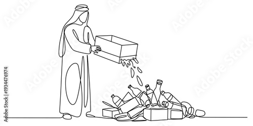 One line drawing of arab man recycling plastic bottles