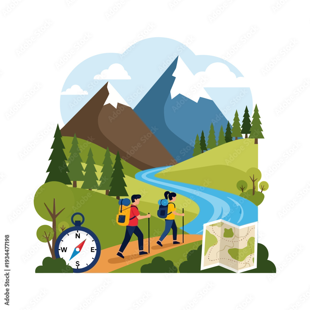 Fototapeta premium Hiking adventure: two hikers with backpacks and poles on a trail near mountains and river