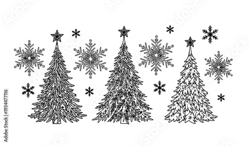 Monochrome Christmas Tree Collection with Decorative Snowflakes Winter Vector Illustration