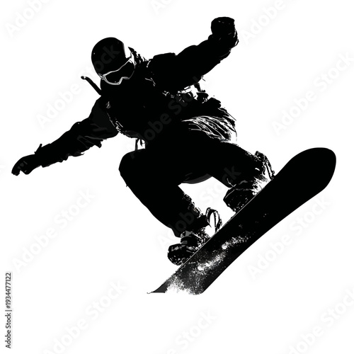 Silhouette of a snowboarder jumping in the air against a white background.
