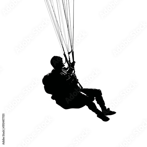 Silhouette of a paraglider soaring through the air against a white background.