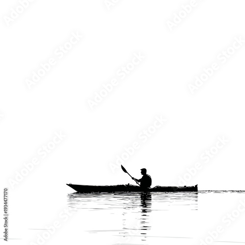 Silhouette of a person kayaking on a calm lake with reflections.