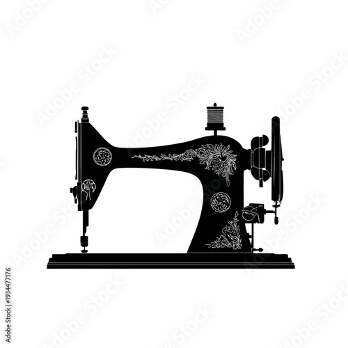 Vintage sewing machine silhouette with floral details on a white background.
