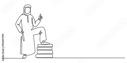 Continuous line drawing of arab man with books symbolizing education and success