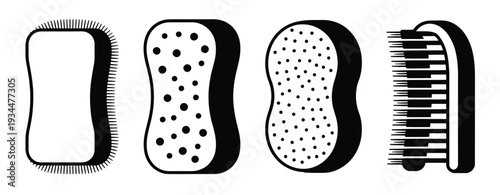 Cleaning Tools Vector Icons Set, Featuring Scrub Brushes, Sponges, and Other Cleaning Accessories for Household, Commercial, and Janitorial Design Projects.