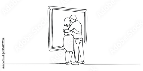 Minimalist continuous line art of couple embracing