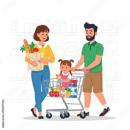 Happy family shopping for groceries in a supermarket aisle with a full cart