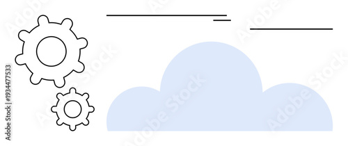 Two gears beside a cloud shape symbolize data processing, technology, and software integration. Ideal for cloud storage, technology, innovation, teamwork, strategy, software and connection as