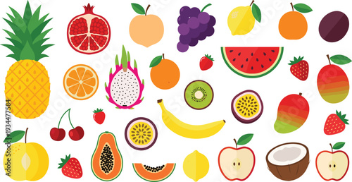 Tropical and Exotic Fruit Icons: Mango, Watermelon, Pomegranate, Banana, and More"