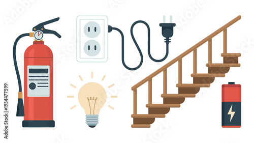 Cartoon Object Set, Fire Extinguisher Staircase Battery Light Bulb Plug in Playful Flat Vector Style for Illustration