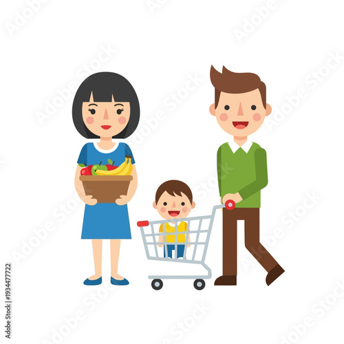 Happy family shopping for groceries with child in a cart, healthy food, lifestyle