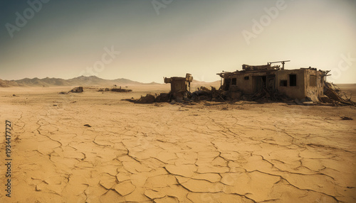Abandoned shack in desolate post-apocalyptic desert.