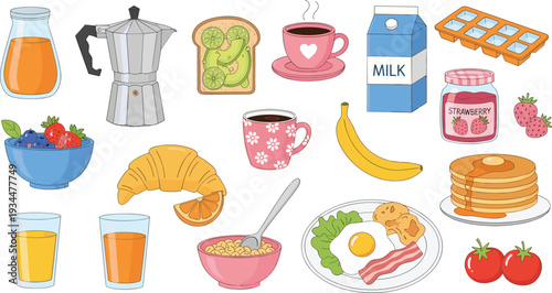 Delicious Breakfast Icons: Pancakes, Coffee, Croissant, Milk, Fruits, and More