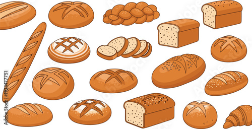 Variety of Bread Icons: Loafs, Baguettes, Rolls, and Sliced Bread Designs