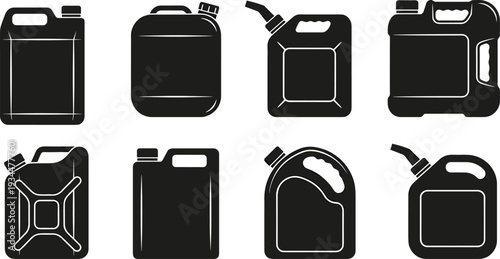 Set of Fuel Canister Icons, Gasoline Jerrycan Silhouettes, Plastic Oil Container Symbols for Automotive Service, Emergency Fuel and Industrial Chemical Storage