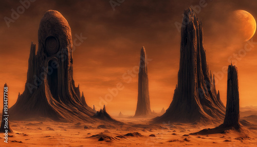 Ancient alien monoliths on red desert planet at sunset.