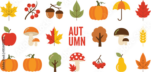 Autumn Fall Icons Collection: Pumpkins, Leaves, Mushrooms, Acorns, and Fall Elements