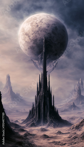 Epic dark fantasy spire reaching giant moon in alien desert.