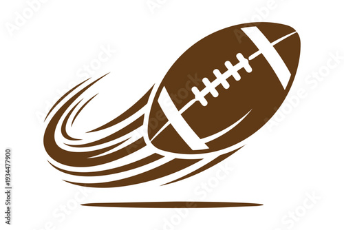 Brown football in motion with white markings.