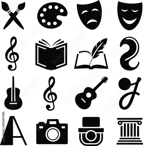Set of black and white icons representing arts and culture, including painting, music, literature, theater, and photography