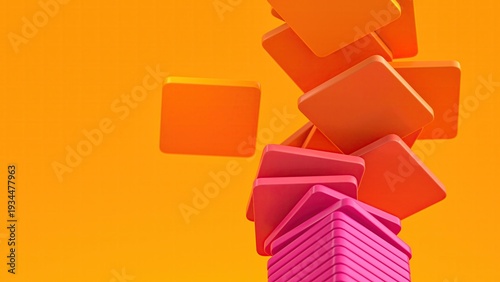 Minimalist 3d render featuring a tower of rounded square plates transitioning from pink to orange while scattering upwards. The right aligned composition offers ample copy space on the solid