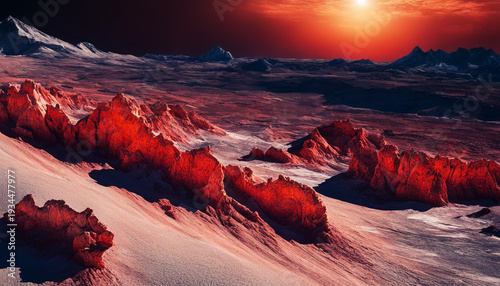 Dramatic sunset over frozen alien desert planet.