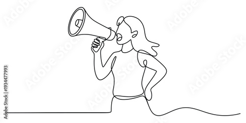 Minimalist one line drawing of woman with megaphone announcement