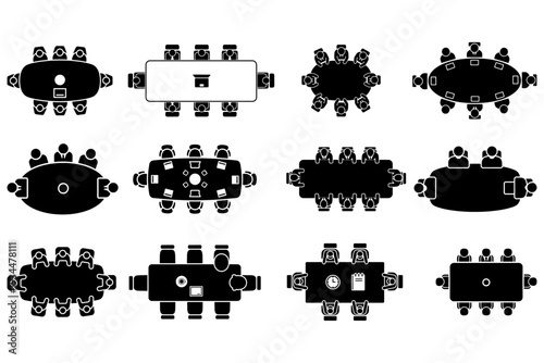 Business Meeting Around Conference Table Top View Solid Icon set