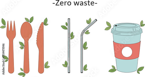 Zero Waste Concept with Reusable Cutlery, Straws, and Eco-Friendly Cup for Sustainable Living