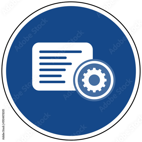 Vektor Icon Textdokument Liste mit Zahnrad für Dokument Einstellung Text Konfiguration und Datei Optionen auf blauem Schild