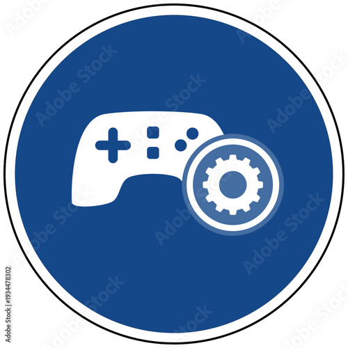 Vektor Icon Gamepad Controller mit Zahnrad für Gaming Einstellung Spiele Konfiguration und Controller Optionen auf blauem Schild