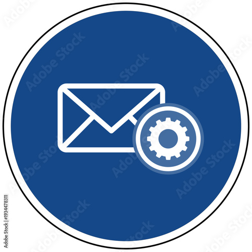 Vektor Icon Briefumschlag Email mit Zahnrad für Post Einstellung Nachricht Konfiguration und Mail Optionen auf blauem Schild
