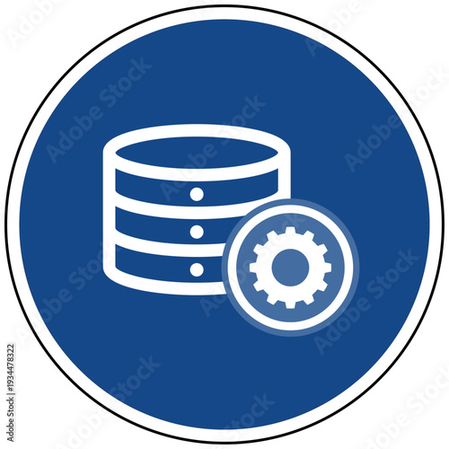 Vektor Icon Datenbank Server mit Zahnrad für Daten Einstellung Hosting Konfiguration und Speicher Optionen auf blauem Schild