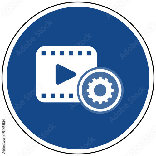 Vektor Icon Filmrolle Video Player mit Zahnrad für Video Einstellung Media Konfiguration und Player Optionen auf blauem Schild
